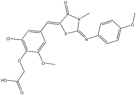 [2-chloro-6-methoxy-4-({2-[(4-methoxyphenyl)imino]-3-methyl-4-oxo-1,3-thiazolidin-5-ylidene}methyl)phenoxy]acetic acid Struktur