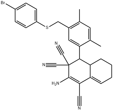 2-amino-4-(5-{[(4-bromophenyl)sulfanyl]methyl}-2,4-dimethylphenyl)-4a,5,6,7-tetrahydro-1,3,3(4H)-naphthalenetricarbonitrile Struktur