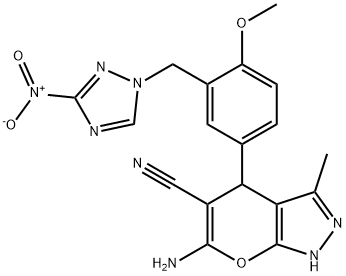 6-amino-4-[3-({3-nitro-1H-1,2,4-triazol-1-yl}methyl)-4-methoxyphenyl]-3-methyl-1,4-dihydropyrano[2,3-c]pyrazole-5-carbonitrile Struktur