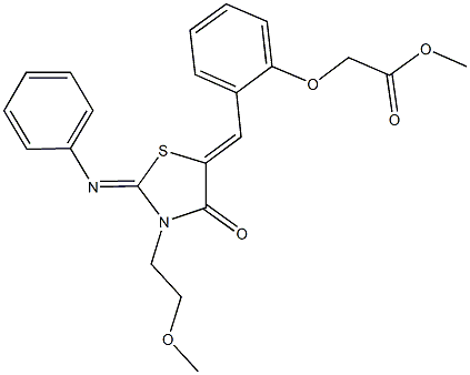 methyl (2-{[3-(2-methoxyethyl)-4-oxo-2-(phenylimino)-1,3-thiazolidin-5-ylidene]methyl}phenoxy)acetate Struktur