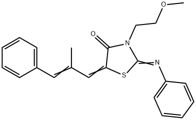 3-(2-methoxyethyl)-5-(2-methyl-3-phenyl-2-propenylidene)-2-(phenylimino)-1,3-thiazolidin-4-one Struktur