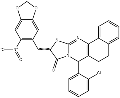 7-(2-chlorophenyl)-10-({6-nitro-1,3-benzodioxol-5-yl}methylene)-5,7-dihydro-6H-benzo[h][1,3]thiazolo[2,3-b]quinazolin-9(10H)-one Struktur