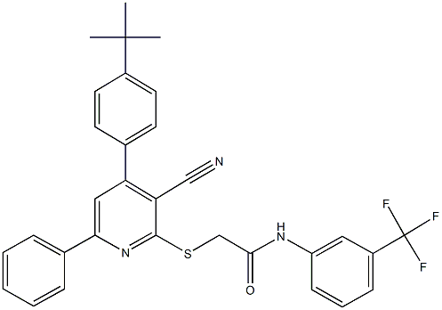 2-{[4-(4-tert-butylphenyl)-3-cyano-6-phenyl-2-pyridinyl]sulfanyl}-N-[3-(trifluoromethyl)phenyl]acetamide Struktur