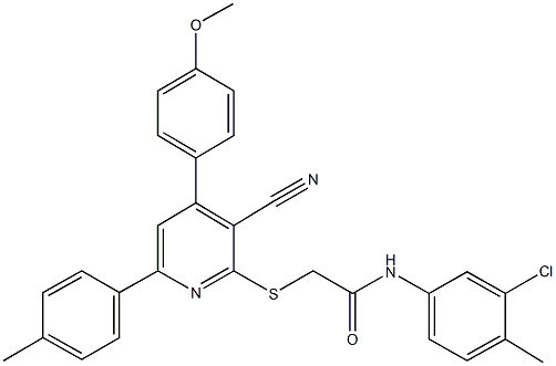 N-(3-chloro-4-methylphenyl)-2-{[3-cyano-4-(4-methoxyphenyl)-6-(4-methylphenyl)-2-pyridinyl]sulfanyl}acetamide Struktur