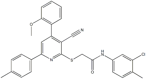 N-(3-chloro-4-methylphenyl)-2-{[3-cyano-4-(2-methoxyphenyl)-6-(4-methylphenyl)-2-pyridinyl]sulfanyl}acetamide Struktur