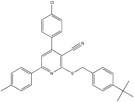 2-[(4-tert-butylbenzyl)sulfanyl]-4-(4-chlorophenyl)-6-(4-methylphenyl)nicotinonitrile Struktur