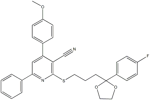 2-({3-[2-(4-fluorophenyl)-1,3-dioxolan-2-yl]propyl}sulfanyl)-4-(4-methoxyphenyl)-6-phenylnicotinonitrile Struktur