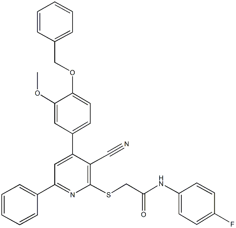 2-({4-[4-(benzyloxy)-3-methoxyphenyl]-3-cyano-6-phenyl-2-pyridinyl}sulfanyl)-N-(4-fluorophenyl)acetamide Struktur