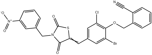 2-({2-bromo-6-chloro-4-[(3-{3-nitrobenzyl}-2,4-dioxo-1,3-thiazolidin-5-ylidene)methyl]phenoxy}methyl)benzonitrile Struktur