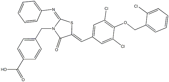 4-{[5-{3,5-dichloro-4-[(2-chlorobenzyl)oxy]benzylidene}-4-oxo-2-(phenylimino)-1,3-thiazolidin-3-yl]methyl}benzoic acid Struktur