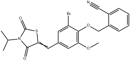 2-({2-bromo-4-[(3-isopropyl-2,4-dioxo-1,3-thiazolidin-5-ylidene)methyl]-6-methoxyphenoxy}methyl)benzonitrile Struktur