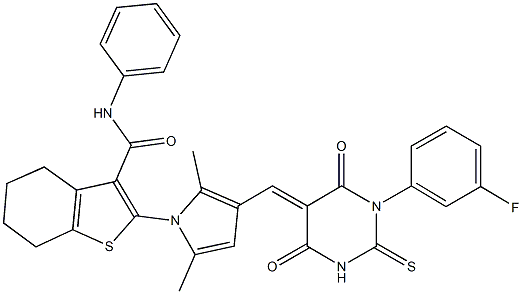 2-{3-[(1-(3-fluorophenyl)-4,6-dioxo-2-thioxotetrahydro-5(2H)-pyrimidinylidene)methyl]-2,5-dimethyl-1H-pyrrol-1-yl}-N-phenyl-4,5,6,7-tetrahydro-1-benzothiophene-3-carboxamide Struktur