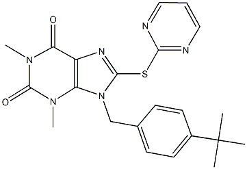 9-(4-tert-butylbenzyl)-1,3-dimethyl-8-(2-pyrimidinylsulfanyl)-3,9-dihydro-1H-purine-2,6-dione Struktur