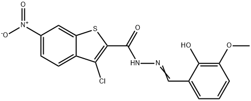 3-chloro-N'-(2-hydroxy-3-methoxybenzylidene)-6-nitro-1-benzothiophene-2-carbohydrazide Struktur