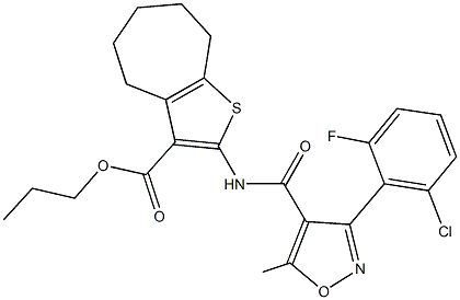 propyl 2-({[3-(2-chloro-6-fluorophenyl)-5-methyl-4-isoxazolyl]carbonyl}amino)-5,6,7,8-tetrahydro-4H-cyclohepta[b]thiophene-3-carboxylate Struktur