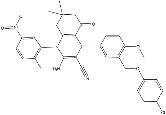 2-amino-4-{3-[(4-chlorophenoxy)methyl]-4-methoxyphenyl}-1-{5-nitro-2-methylphenyl}-7,7-dimethyl-5-oxo-1,4,5,6,7,8-hexahydroquinoline-3-carbonitrile Struktur