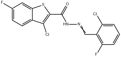 3-chloro-N'-(2-chloro-6-fluorobenzylidene)-6-fluoro-1-benzothiophene-2-carbohydrazide Struktur