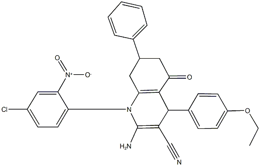 2-amino-1-{4-chloro-2-nitrophenyl}-4-(4-ethoxyphenyl)-5-oxo-7-phenyl-1,4,5,6,7,8-hexahydro-3-quinolinecarbonitrile Struktur