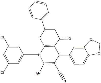 2-amino-4-(1,3-benzodioxol-5-yl)-1-(3,5-dichlorophenyl)-5-oxo-7-phenyl-1,4,5,6,7,8-hexahydro-3-quinolinecarbonitrile Struktur