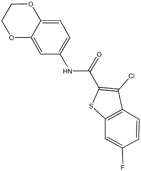 3-chloro-N-(2,3-dihydro-1,4-benzodioxin-6-yl)-6-fluoro-1-benzothiophene-2-carboxamide Struktur