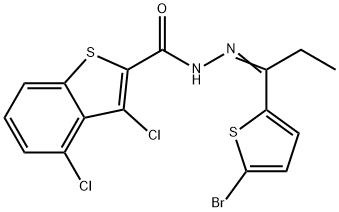 N'-[1-(5-bromo-2-thienyl)propylidene]-3,4-dichloro-1-benzothiophene-2-carbohydrazide Struktur