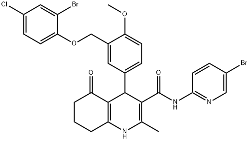 4-{3-[(2-bromo-4-chlorophenoxy)methyl]-4-methoxyphenyl}-N-(5-bromopyridin-2-yl)-2-methyl-5-oxo-1,4,5,6,7,8-hexahydroquinoline-3-carboxamide Struktur