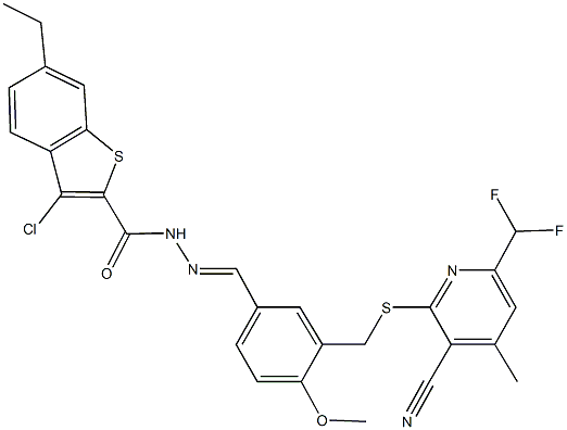 3-chloro-N'-[3-({[3-cyano-6-(difluoromethyl)-4-methyl-2-pyridinyl]sulfanyl}methyl)-4-methoxybenzylidene]-6-ethyl-1-benzothiophene-2-carbohydrazide Struktur