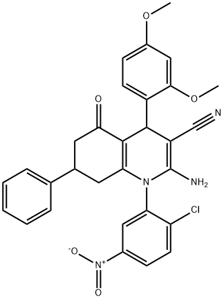 2-amino-1-{2-chloro-5-nitrophenyl}-4-(2,4-dimethoxyphenyl)-5-oxo-7-phenyl-1,4,5,6,7,8-hexahydro-3-quinolinecarbonitrile Struktur