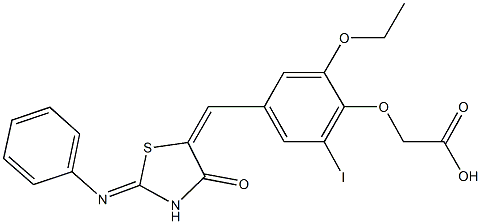 (2-ethoxy-6-iodo-4-{[4-oxo-2-(phenylimino)-1,3-thiazolidin-5-ylidene]methyl}phenoxy)acetic acid Struktur