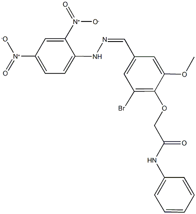 2-[4-(2-{2,4-bisnitrophenyl}carbohydrazonoyl)-2-bromo-6-methoxyphenoxy]-N-phenylacetamide Struktur