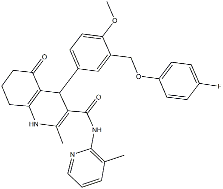 4-{3-[(4-fluorophenoxy)methyl]-4-methoxyphenyl}-2-methyl-N-(3-methylpyridin-2-yl)-5-oxo-1,4,5,6,7,8-hexahydroquinoline-3-carboxamide Struktur