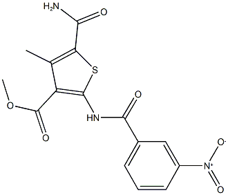 methyl 5-(aminocarbonyl)-2-({3-nitrobenzoyl}amino)-4-methylthiophene-3-carboxylate Struktur