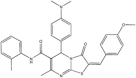 5-[4-(dimethylamino)phenyl]-2-(4-methoxybenzylidene)-7-methyl-N-(2-methylphenyl)-3-oxo-2,3-dihydro-5H-[1,3]thiazolo[3,2-a]pyrimidine-6-carboxamide Struktur