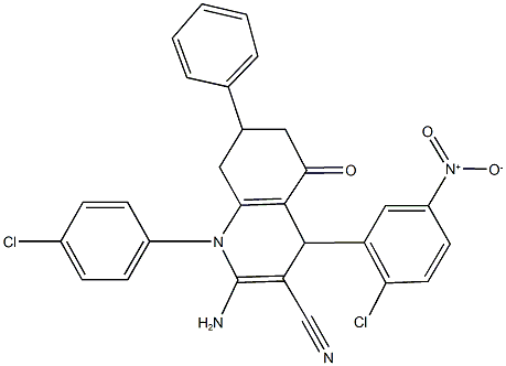 2-amino-4-{2-chloro-5-nitrophenyl}-1-(4-chlorophenyl)-5-oxo-7-phenyl-1,4,5,6,7,8-hexahydro-3-quinolinecarbonitrile Struktur