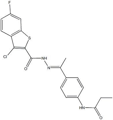 N-(4-{N-[(3-chloro-6-fluoro-1-benzothien-2-yl)carbonyl]ethanehydrazonoyl}phenyl)propanamide Struktur