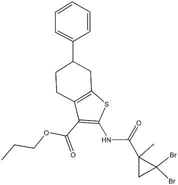 propyl 2-{[(2,2-dibromo-1-methylcyclopropyl)carbonyl]amino}-6-phenyl-4,5,6,7-tetrahydro-1-benzothiophene-3-carboxylate Struktur