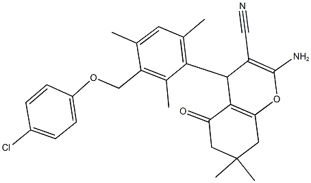 2-amino-4-{3-[(4-chlorophenoxy)methyl]-2,4,6-trimethylphenyl}-7,7-dimethyl-5-oxo-5,6,7,8-tetrahydro-4H-chromene-3-carbonitrile Struktur