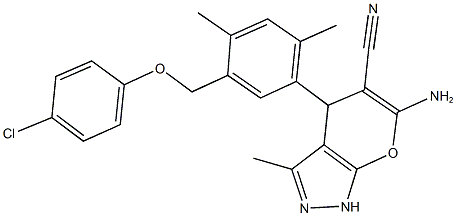 6-amino-4-{5-[(4-chlorophenoxy)methyl]-2,4-dimethylphenyl}-3-methyl-1,4-dihydropyrano[2,3-c]pyrazole-5-carbonitrile Struktur