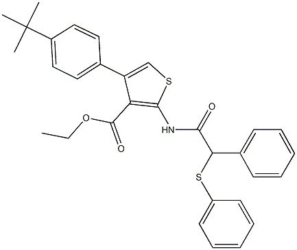 ethyl 4-(4-tert-butylphenyl)-2-{[phenyl(phenylsulfanyl)acetyl]amino}-3-thiophenecarboxylate Struktur