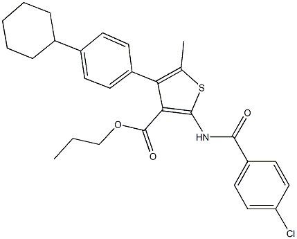 propyl 2-[(4-chlorobenzoyl)amino]-4-(4-cyclohexylphenyl)-5-methyl-3-thiophenecarboxylate Struktur