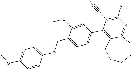 2-amino-4-{3-methoxy-4-[(4-methoxyphenoxy)methyl]phenyl}-6,7,8,9-tetrahydro-5H-cyclohepta[b]pyridine-3-carbonitrile Struktur