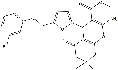 methyl 2-amino-4-{5-[(3-bromophenoxy)methyl]-2-furyl}-7,7-dimethyl-5-oxo-5,6,7,8-tetrahydro-4H-chromene-3-carboxylate Struktur