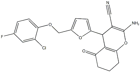 2-amino-4-{5-[(2-chloro-4-fluorophenoxy)methyl]-2-furyl}-5-oxo-5,6,7,8-tetrahydro-4H-chromene-3-carbonitrile Struktur