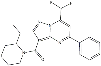 7-(difluoromethyl)-3-[(2-ethyl-1-piperidinyl)carbonyl]-5-phenylpyrazolo[1,5-a]pyrimidine Struktur