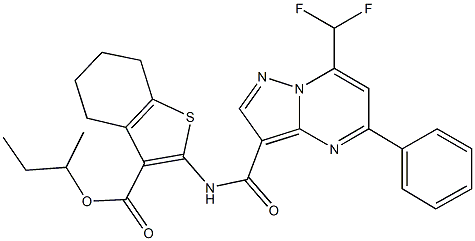 sec-butyl 2-({[7-(difluoromethyl)-5-phenylpyrazolo[1,5-a]pyrimidin-3-yl]carbonyl}amino)-4,5,6,7-tetrahydro-1-benzothiophene-3-carboxylate Struktur