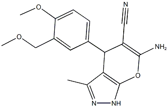 6-amino-4-[4-methoxy-3-(methoxymethyl)phenyl]-3-methyl-1,4-dihydropyrano[2,3-c]pyrazole-5-carbonitrile Struktur