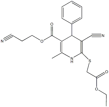 2-cyanoethyl 5-cyano-6-[(2-ethoxy-2-oxoethyl)sulfanyl]-2-methyl-4-phenyl-1,4-dihydropyridine-3-carboxylate Struktur