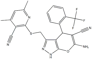 6-amino-3-{[(3-cyano-4,6-dimethyl-2-pyridinyl)sulfanyl]methyl}-4-[2-(trifluoromethyl)phenyl]-1,4-dihydropyrano[2,3-c]pyrazole-5-carbonitrile Struktur