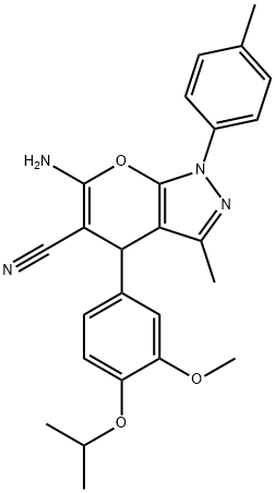 6-amino-4-(4-isopropoxy-3-methoxyphenyl)-3-methyl-1-(4-methylphenyl)-1,4-dihydropyrano[2,3-c]pyrazole-5-carbonitrile Struktur