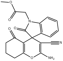 methyl (2'-amino-3'-cyano-2,5'-dioxo-2,3,5',6',7',8'-hexahydrospiro[1H-indole-3,8'-(4'H)-chromene]-1-yl)acetate Struktur